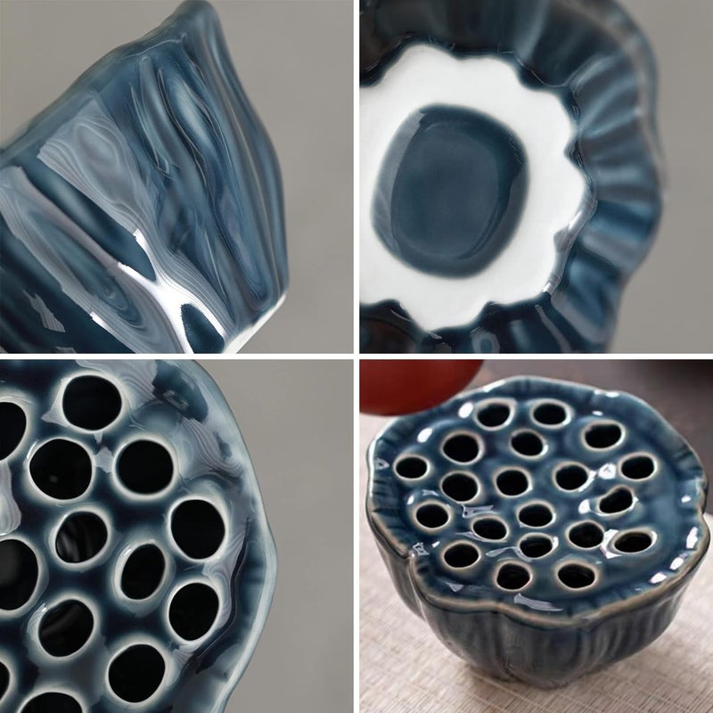 Eggone Lotus Pod Flower Arrangement Vase, Ceramic Flower Frog Pot, Ikebana Stem Holder, Decorative Flower Frog Container, Floral Arrangement Bowl for Tea Table, Ceramic Flower Vase Kenzan (Dark Blue) - Image 5